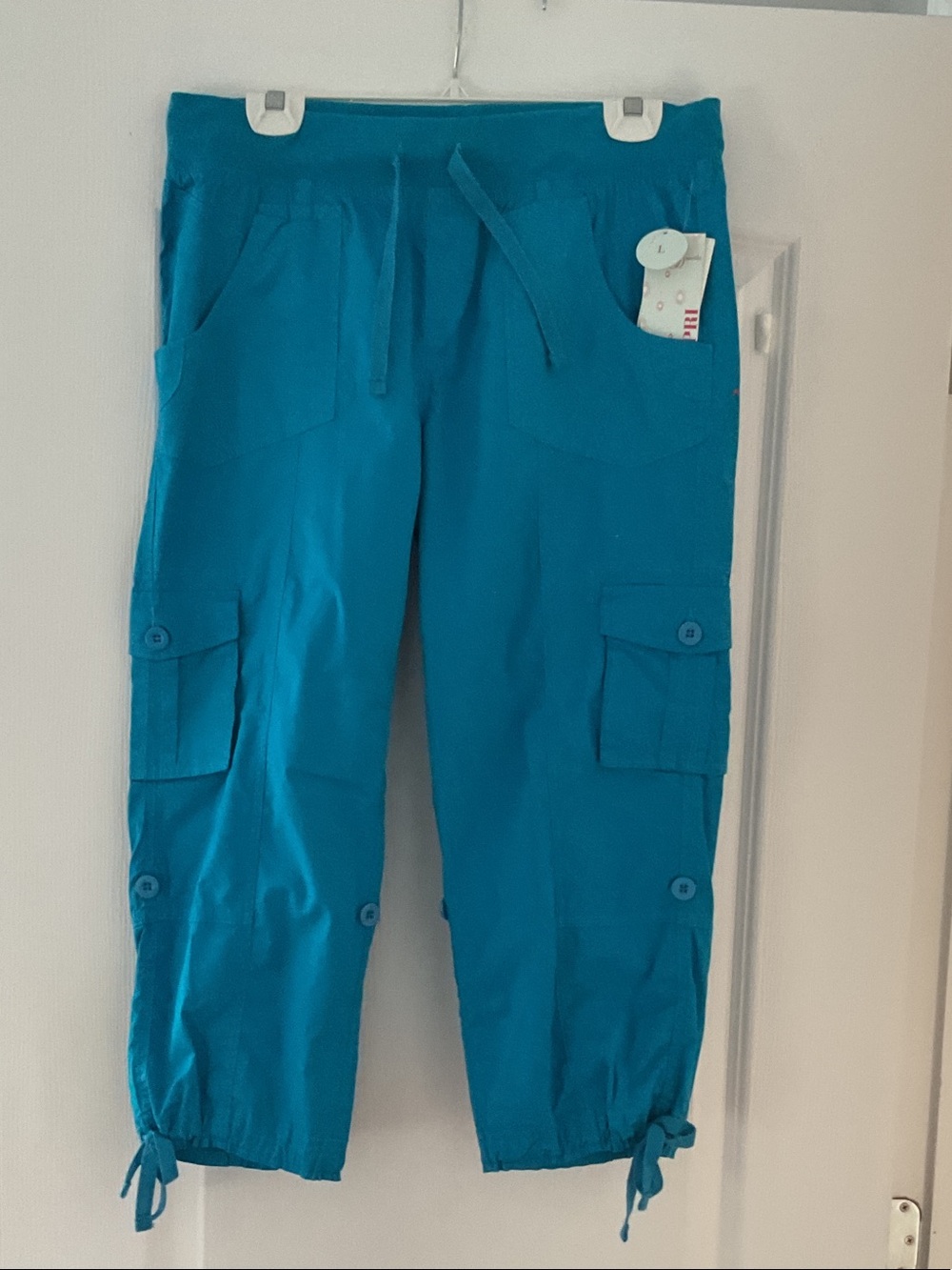Kids Teal Cargo Capri Pants - Lightweight Drawstring Bottoms